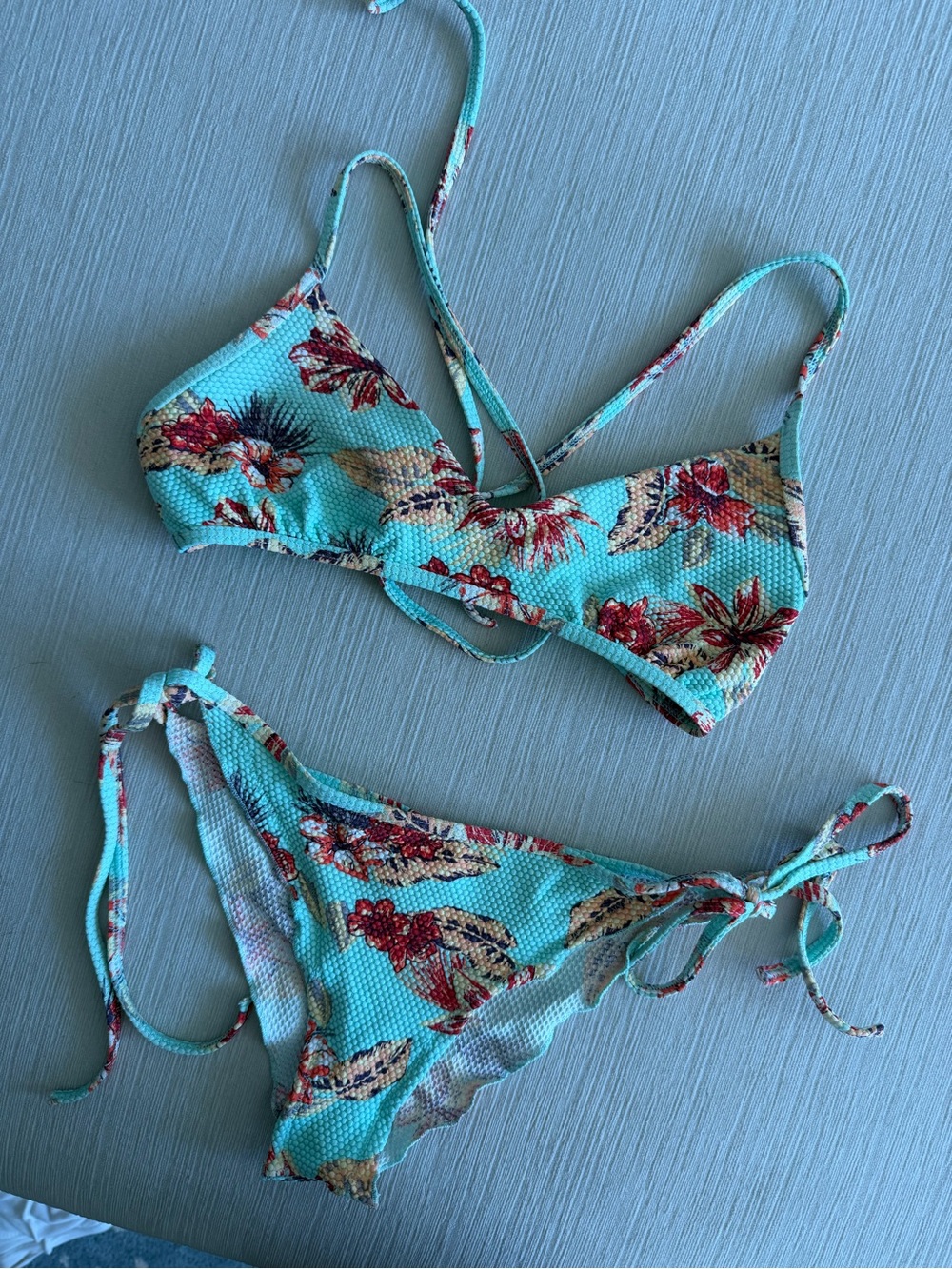 Turquoise Floral Tie-Side Bikini Set - XS cheeky Aqua